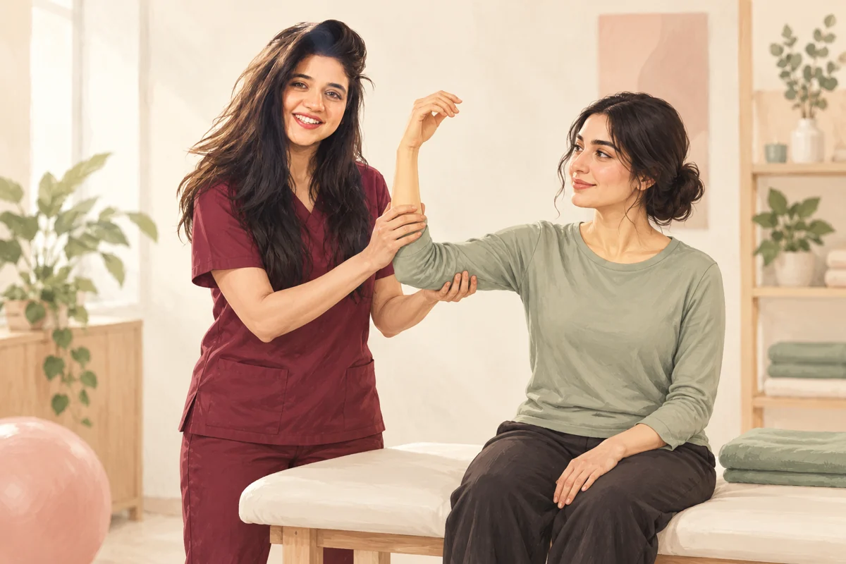 Illustration of Dr. Zahra supporting a seated adult during a shoulder movement assessment
